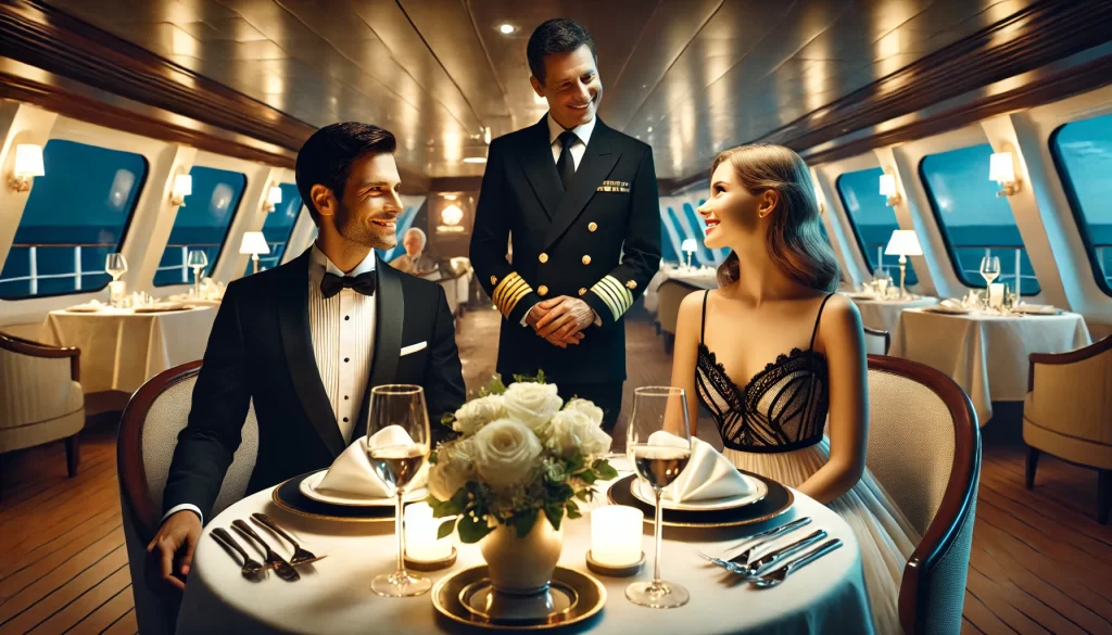 captain dinner or elegant night on carnival cruise. a couple is enjoying formal dinner and captain of ship came to greet them
