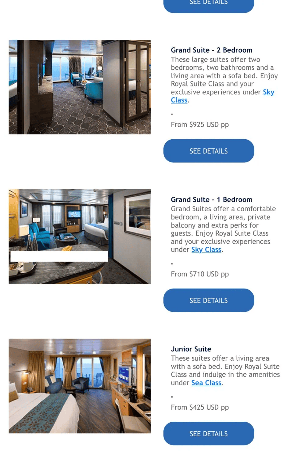 Royal up email template showing which all rooms are eligible for an upgrade through bidding