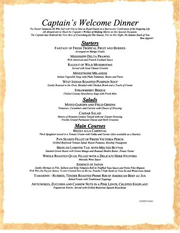 Captain’s Dinner on Carnival Cruise menu is shown in the picture