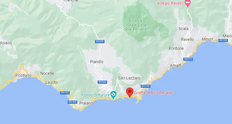 Google map image of Grotta dello Smeraldo or Emarald grotto is shown where it is compared with Blue Grotto location