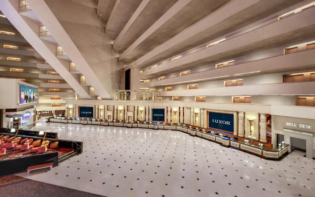 Luxor pyramid interior is shown in the picture. the hallway is huge with inclined inwards walls