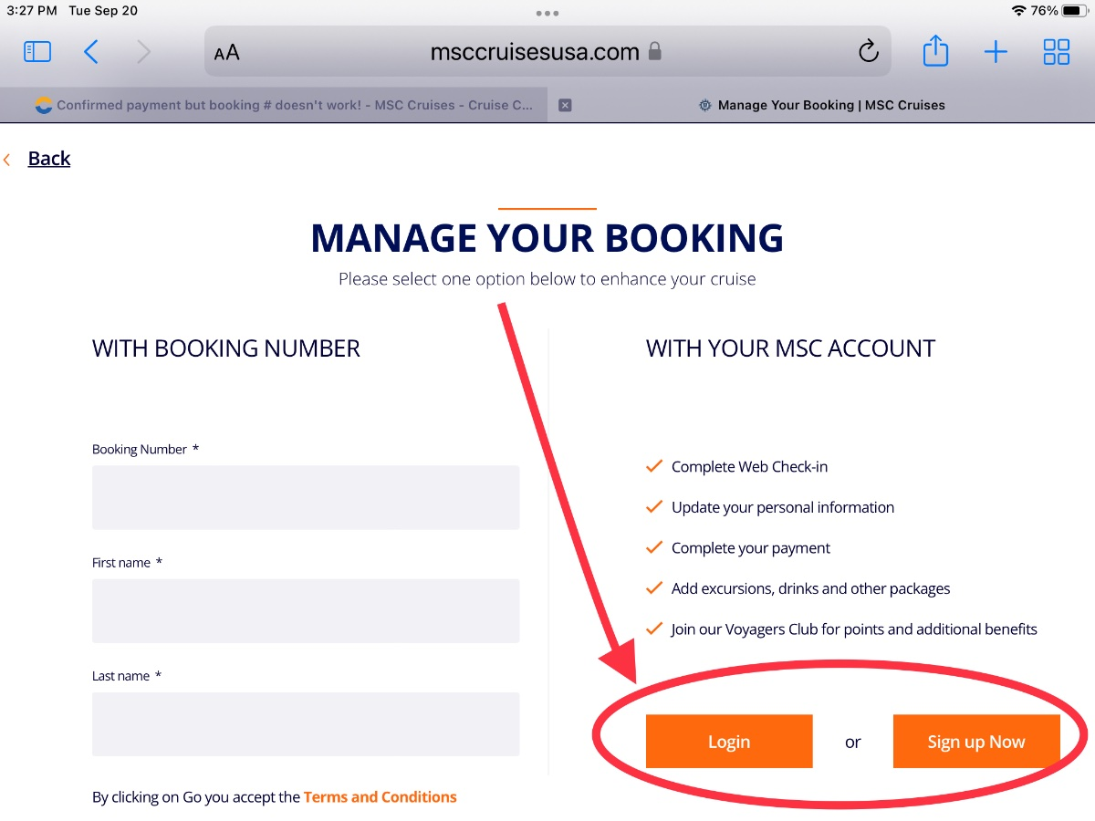 MSC cruise web check-in page is shown in the picture