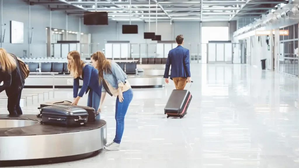 Picture shows airport luggage conveyer belt where 3 women are picking luggage from the conveyer belt and a man is going away after taking his 2 wheeler (roller) luggage