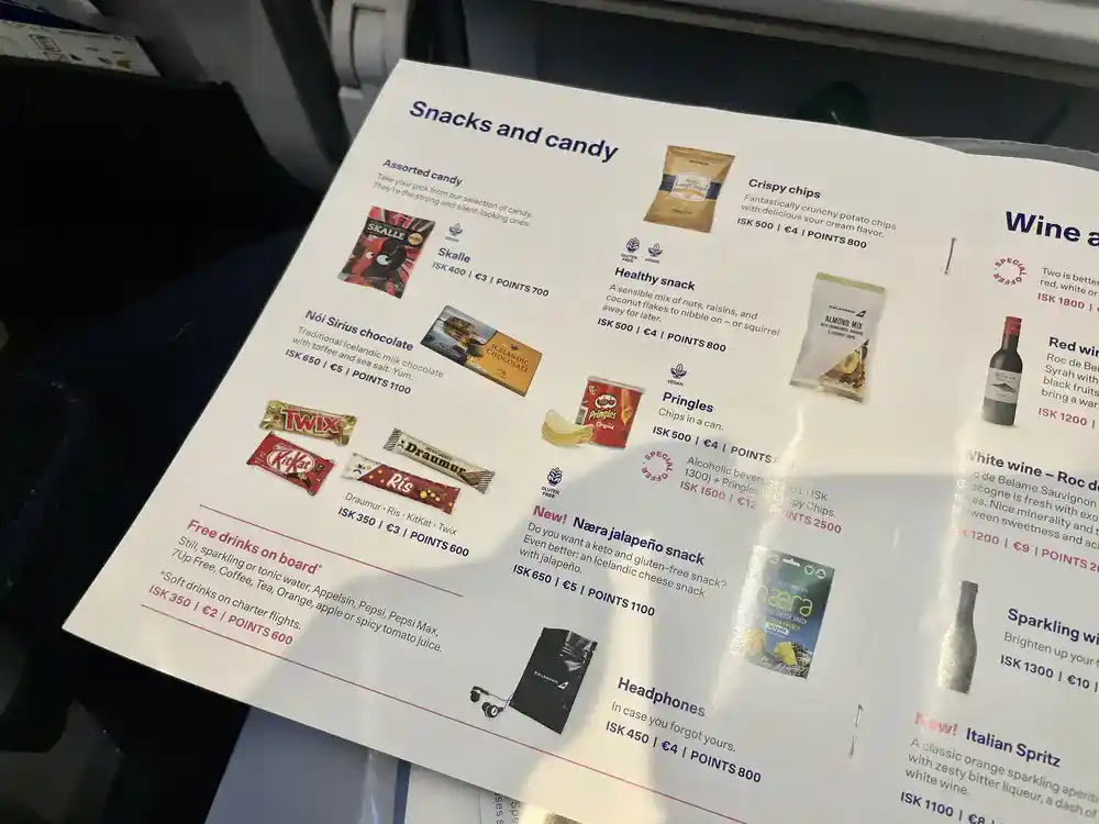 picture shows the onboard menu on iceland economy class plane
