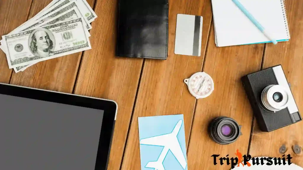 travel must-haves are shown in the picture i.e money, camera, passport and air ticket