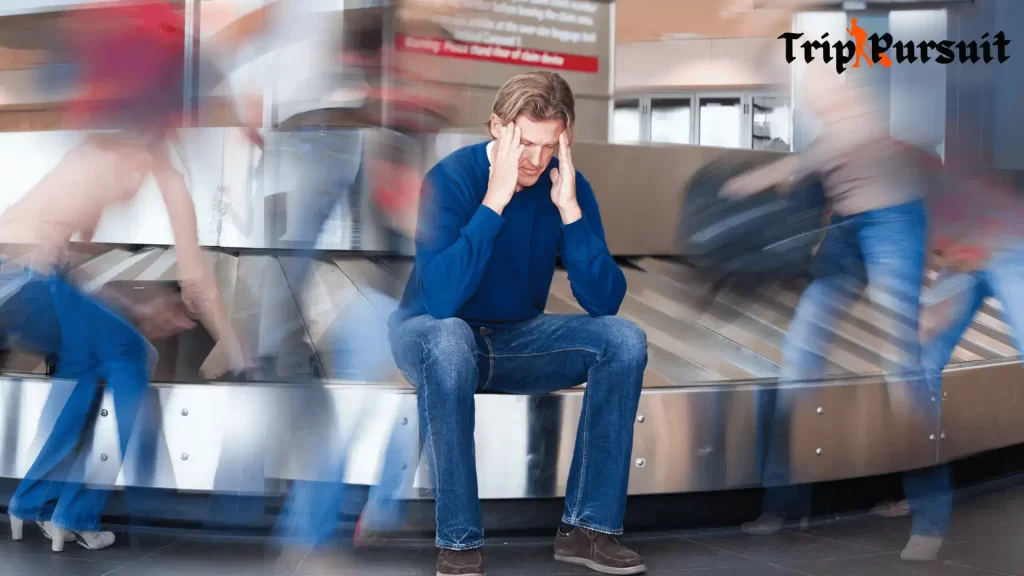 picture shows a man at an airport conveyer belt. he is worried, since he did not put a tag on his luggage an now it is lost