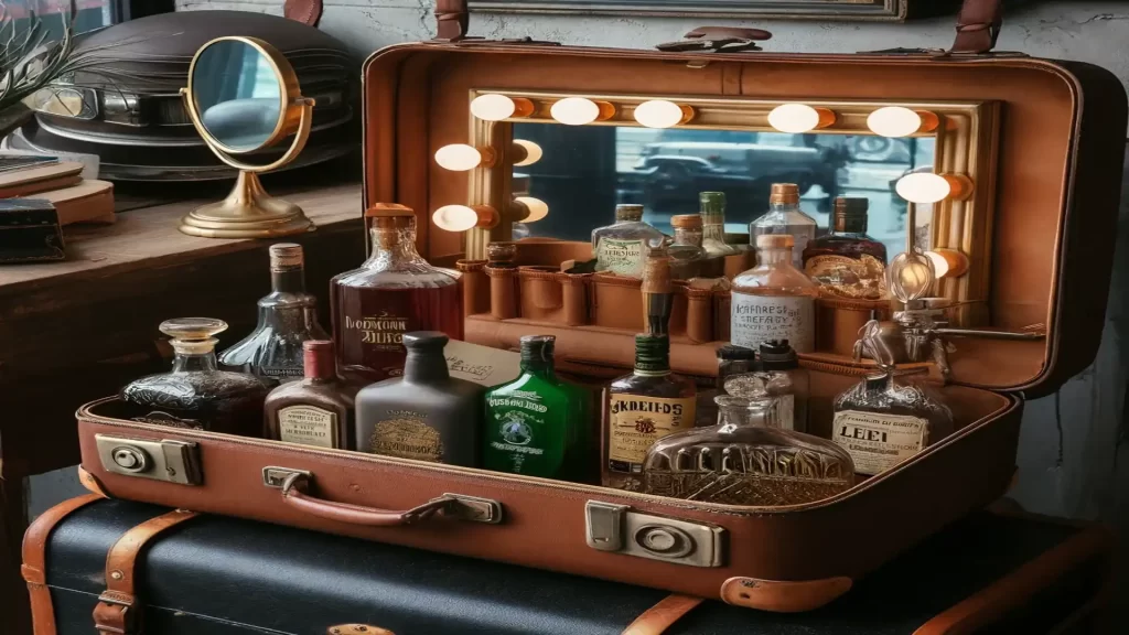 A suitcase has been turned into setting up a bar cart