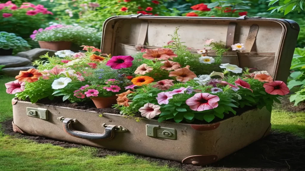 An old suitcase has been placed in the garden and turned into a flower planter