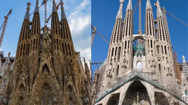Pictures shows nativity facade vs passion facade in Barcelona, spain