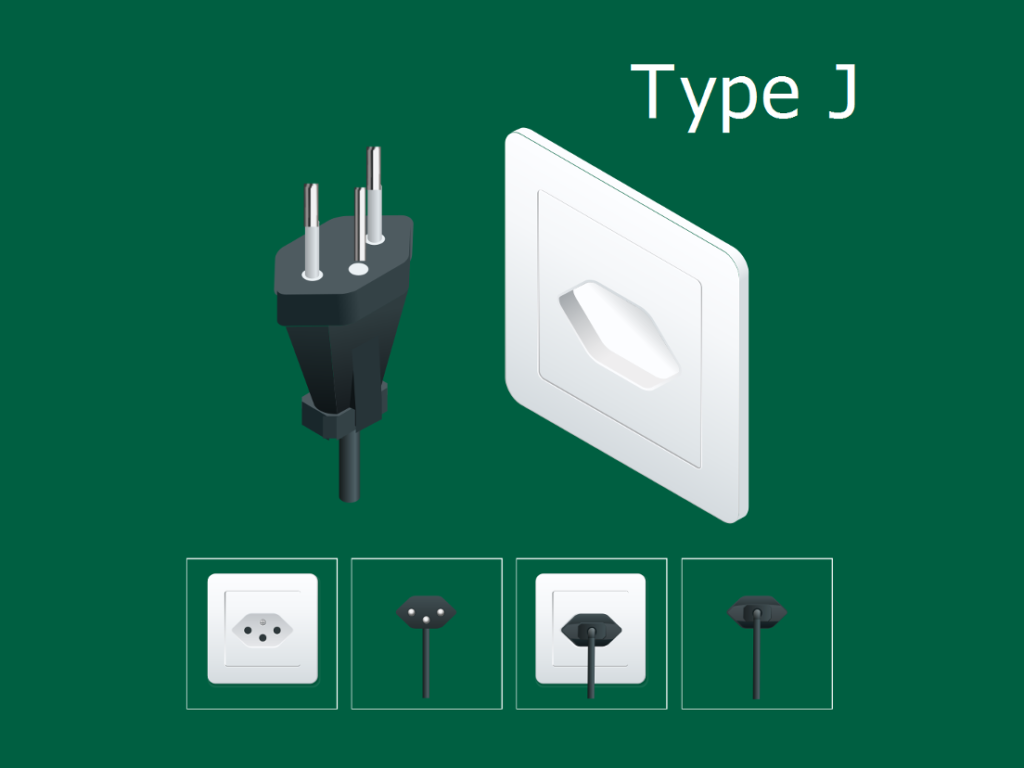 Type J plug is shown which is used in Switzerland