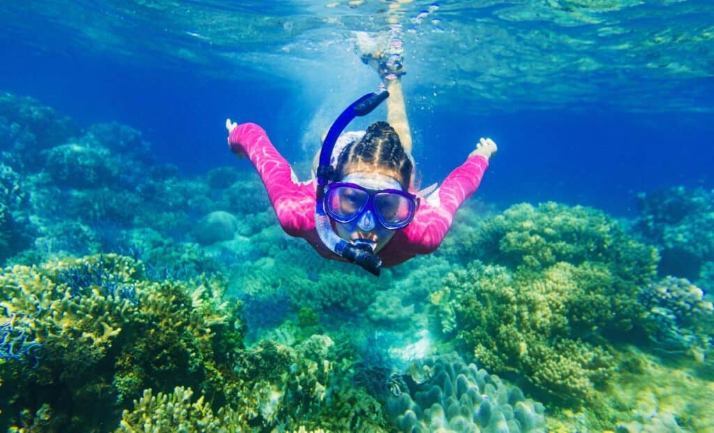 Underwater view of a snorkeler enjoying clear waters and vibrant marine life during a reef snorkeling adventure in Bimini, Bahamas.