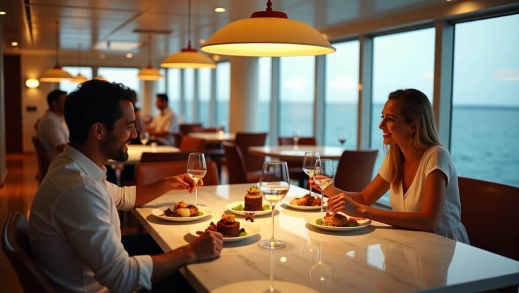 A luxurious dining scene aboard Scarlet Lady cruise ship, featuring a modern, open-concept restaurant. A couple and a small group of friends are seated at a sleek marble table, sharing gourmet dishes like sushi, steak, and colorful desserts. The vibrant plates contrast with the ambient ocean view visible through large floor-to-ceiling windows in the background. The setting is warmly lit with pendant lights hanging above the tables, casting a soft golden glow on the food and the polished wood floor. The camera is at eye level, shot with a 35mm lens for a balanced focus on the people and food. The lighting is a mix of soft golden ambient light and natural light streaming through the windows, creating a cozy yet vibrant atmosphere.