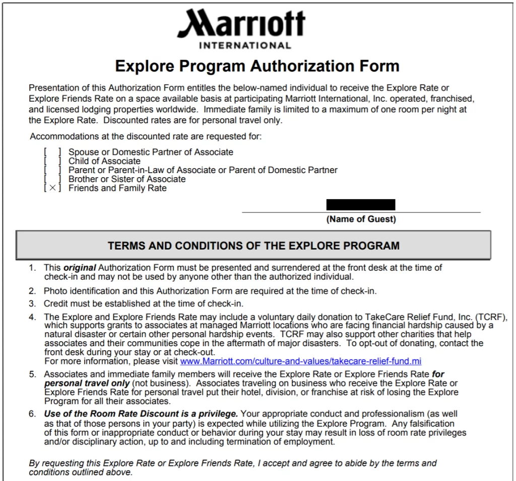 Marriott authorization document for booking room though mariott employee discount programme