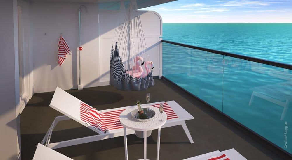 Sea terrace cabin on Scarlet lady Cruise with a private balcony facing sea