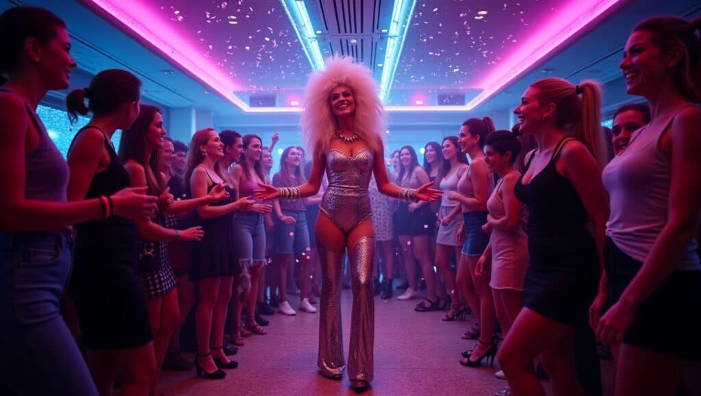 An electric nightclub scene aboard the Scarlet Lady, with neon lights and bold colors illuminating a dance floor. A drag performer in a dazzling sequined outfit takes center stage, surrounded by an enthusiastic crowd. Guests are dressed in trendy, casual outfits, laughing and cheering as confetti rains down. The background features sleek, modern décor with geometric patterns and glowing LED panels. The camera is positioned at a low angle, using a 24mm wide-angle lens to emphasize the grandeur of the scene. The lighting is dynamic, featuring purple and blue spotlights with a soft diffusion, accentuated by glittering reflections from the confetti and sequins.