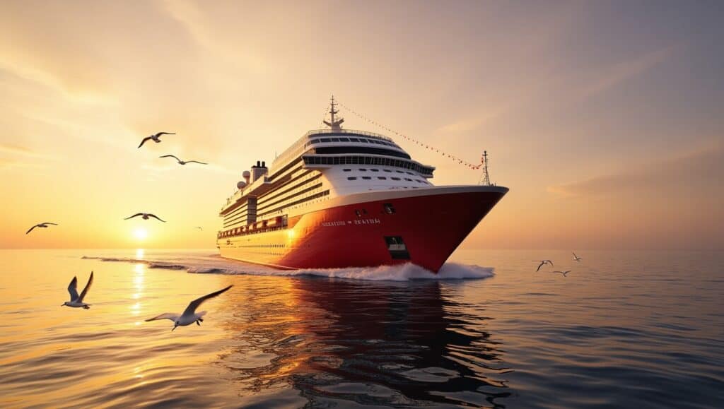 A stunning view of the Scarlet Lady cruise ship gracefully cutting through calm, golden waters during the golden hour. The ship's sleek, modern design glimmers under the warm hues of the setting sun, reflecting shades of gold, orange, and soft pink across the metallic surface and the gentle ripples in the ocean. In the foreground, the scene captures playful seagulls flying close to the water, adding a sense of life and movement. The horizon glows in soft amber and lavender tones, blending seamlessly with the clear skies above.

The camera is positioned at water level, capturing the ship at a slight angle from the side, with the bow prominently in the foreground and the ship extending diagonally into the background. A 70mm telephoto lens is used for a detailed, slightly compressed perspective, emphasizing the ship's grandeur against the serene backdrop. The lighting is a mix of natural golden-hour sunlight reflecting off the water and subtle diffused highlights on the ship's exterior, creating a dreamy and joyful ambiance.