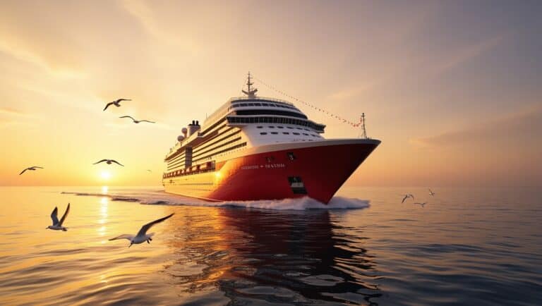 A stunning view of the Scarlet Lady cruise ship gracefully cutting through calm, golden waters during the golden hour. The ship's sleek, modern design glimmers under the warm hues of the setting sun, reflecting shades of gold, orange, and soft pink across the metallic surface and the gentle ripples in the ocean. In the foreground, the scene captures playful seagulls flying close to the water, adding a sense of life and movement. The horizon glows in soft amber and lavender tones, blending seamlessly with the clear skies above. The camera is positioned at water level, capturing the ship at a slight angle from the side, with the bow prominently in the foreground and the ship extending diagonally into the background. A 70mm telephoto lens is used for a detailed, slightly compressed perspective, emphasizing the ship's grandeur against the serene backdrop. The lighting is a mix of natural golden-hour sunlight reflecting off the water and subtle diffused highlights on the ship's exterior, creating a dreamy and joyful ambiance.